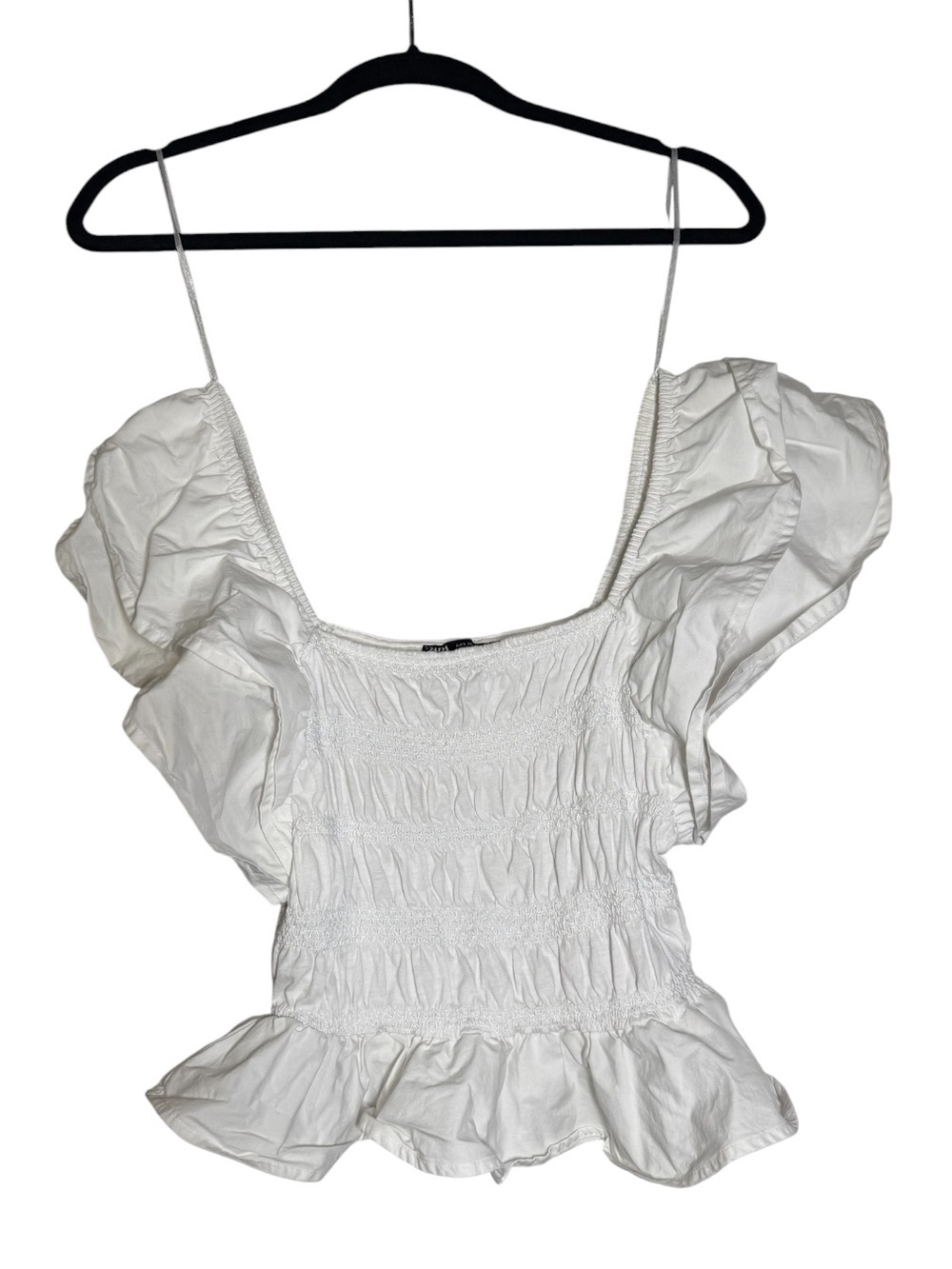 Zara Smocked Crop Top Ruffle Sleeves White Size Large Cute Cotton